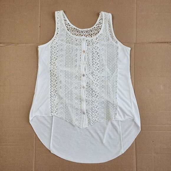Cream Lace High-Low Top Sleeveless Button Up Sheer Blouse Small - Picture 2 of 13